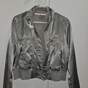 Puma Metallic Silver Bomber Jacket with Ribbed Hem